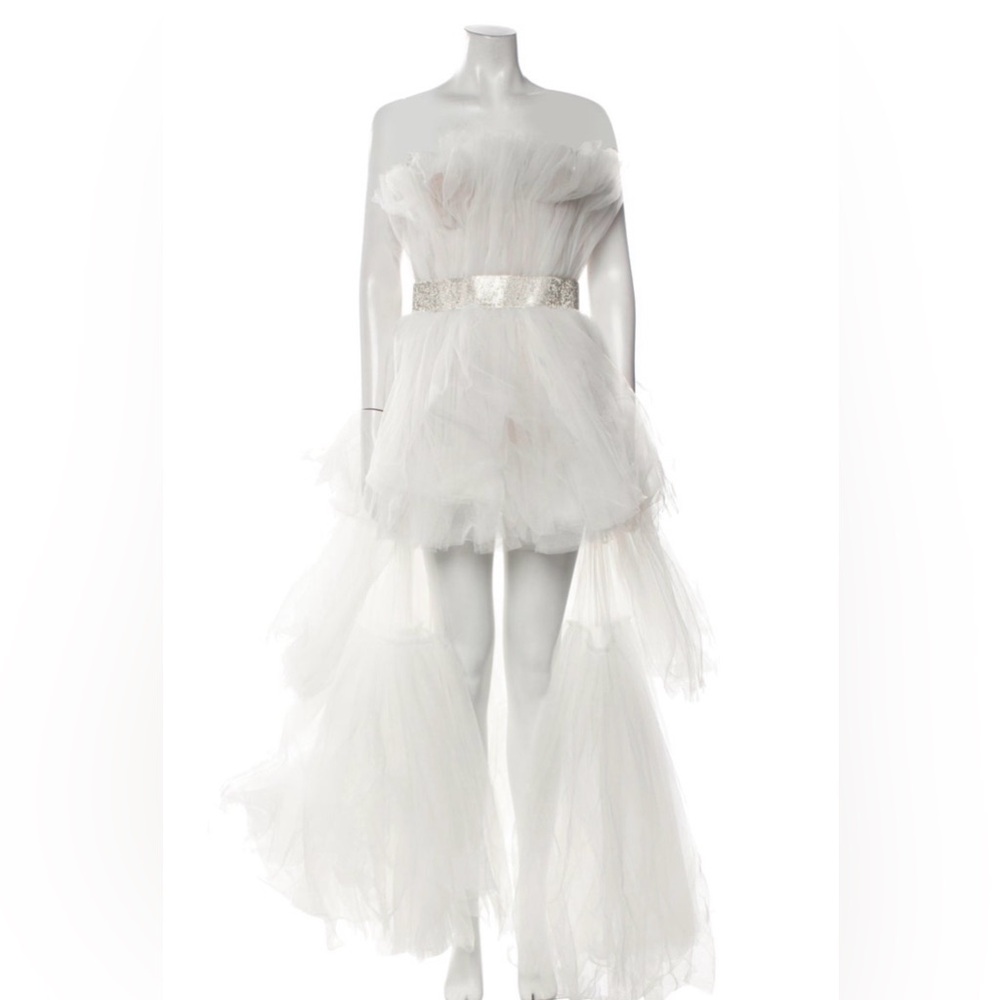 Bronx and Banco White Strapless High-Low Tulle Dress with Sparkle Belt